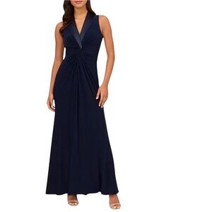 Adrianna Papell Tuxedo Gown Surplice Neckline Sleeveless Blue Twist Front Size 4